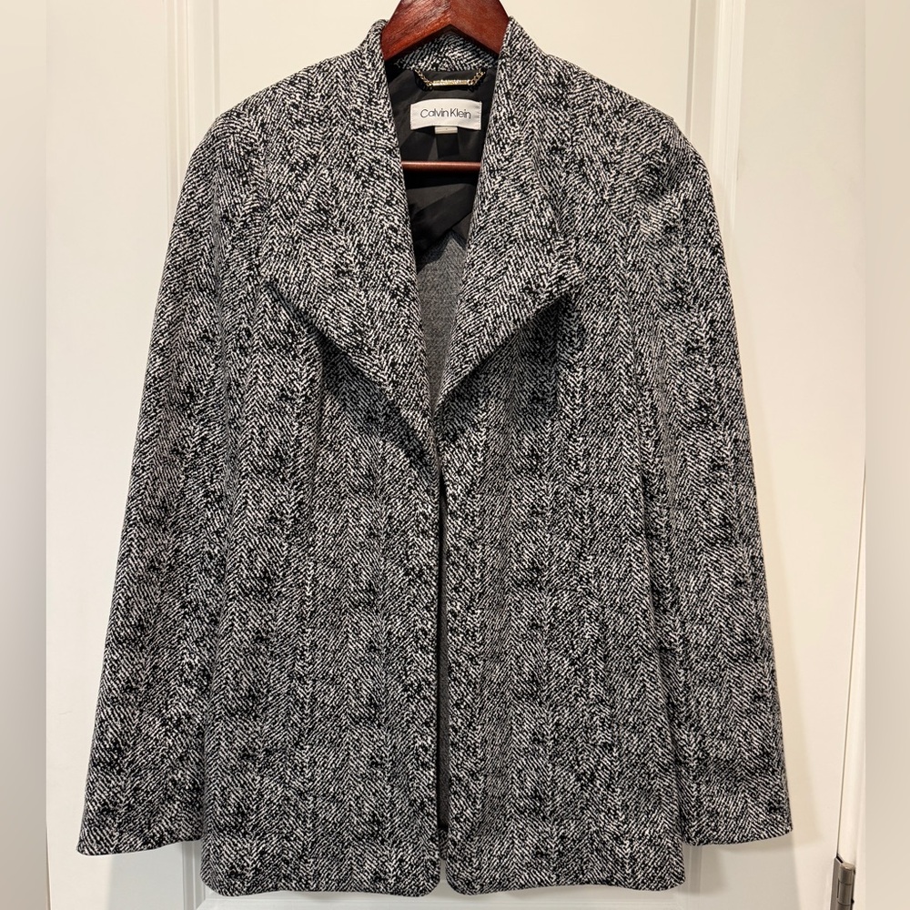 Calvin Klein Black & White Herringbone Open-Front Pea Coat